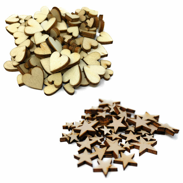 Pack of 100 Mini Wooden Embellishments - Hearts & Stars